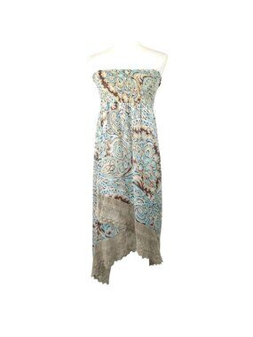 Rancho Estancia M Dress Strapless Paisley Smocked Bodice Asymmetrical Lace Hem